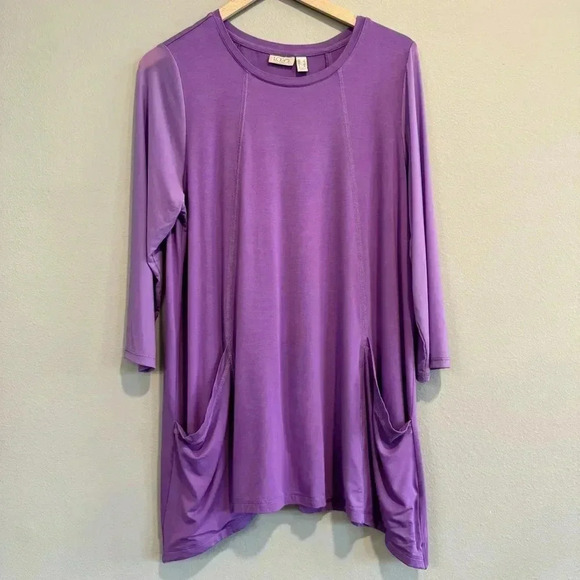 LOGO Tunic Top Pockets Mesh Long Sleeve Comfy Stretch Lagenlook Boho Casual L - Picture 1 of 5